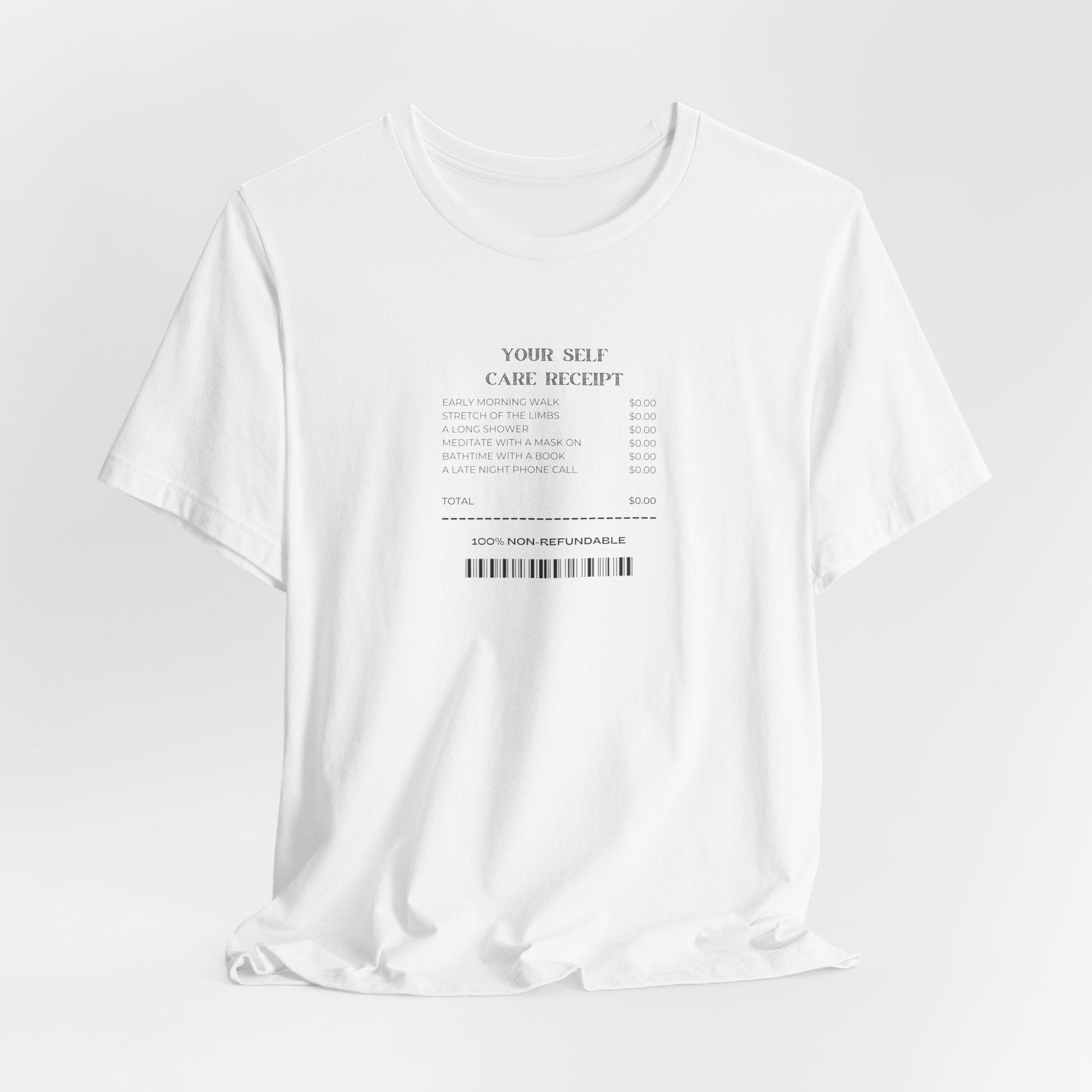 Minimalist Receipt Graphic Tee — "Name: Self / Care: Receipt" White Short Sleeve Printify Pikolelie T-Shirt