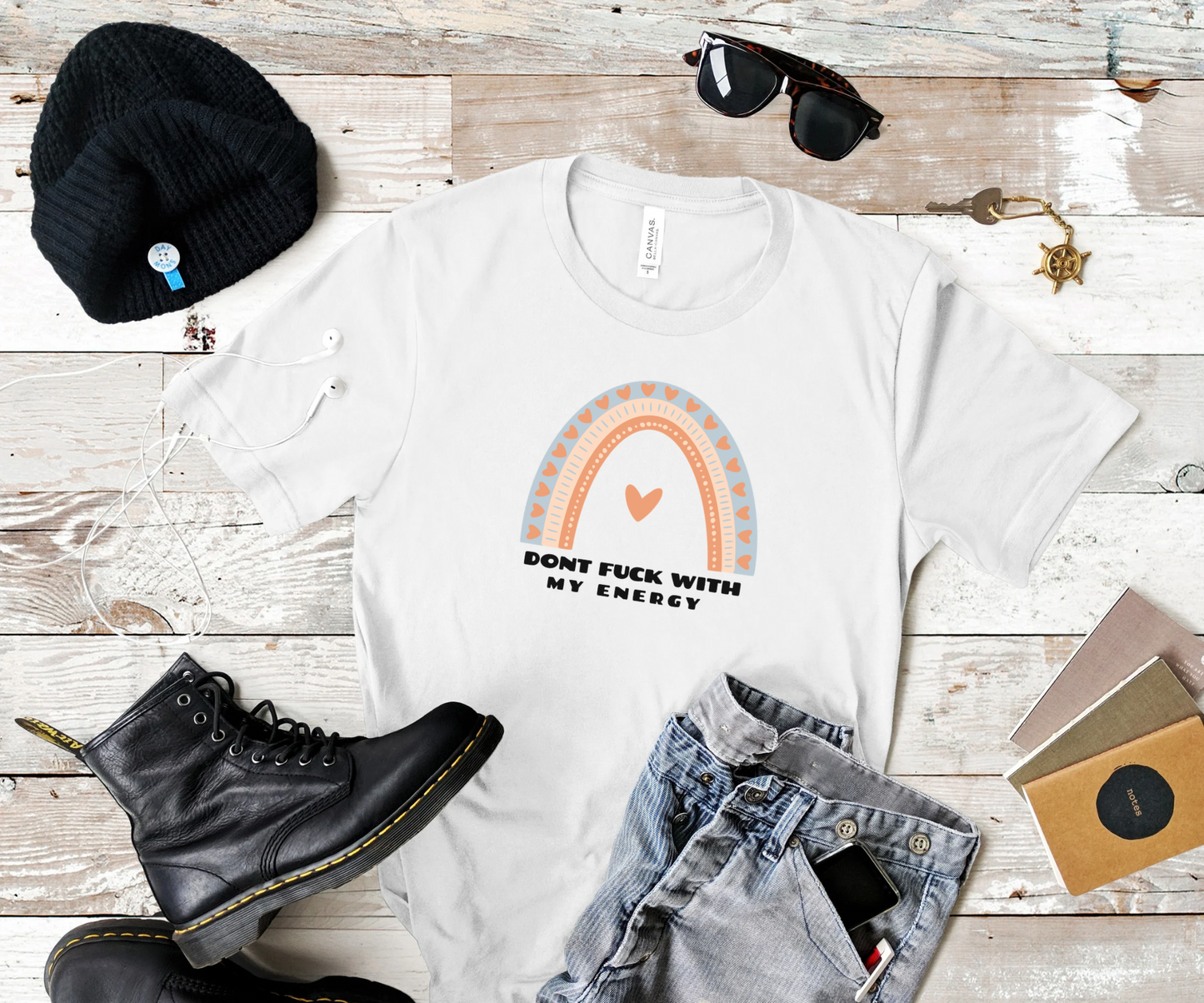 Graphic Tee - "Don't Fuck With My Energy" Rainbow Heart T-Shirt Printify Pikolelie T-Shirt