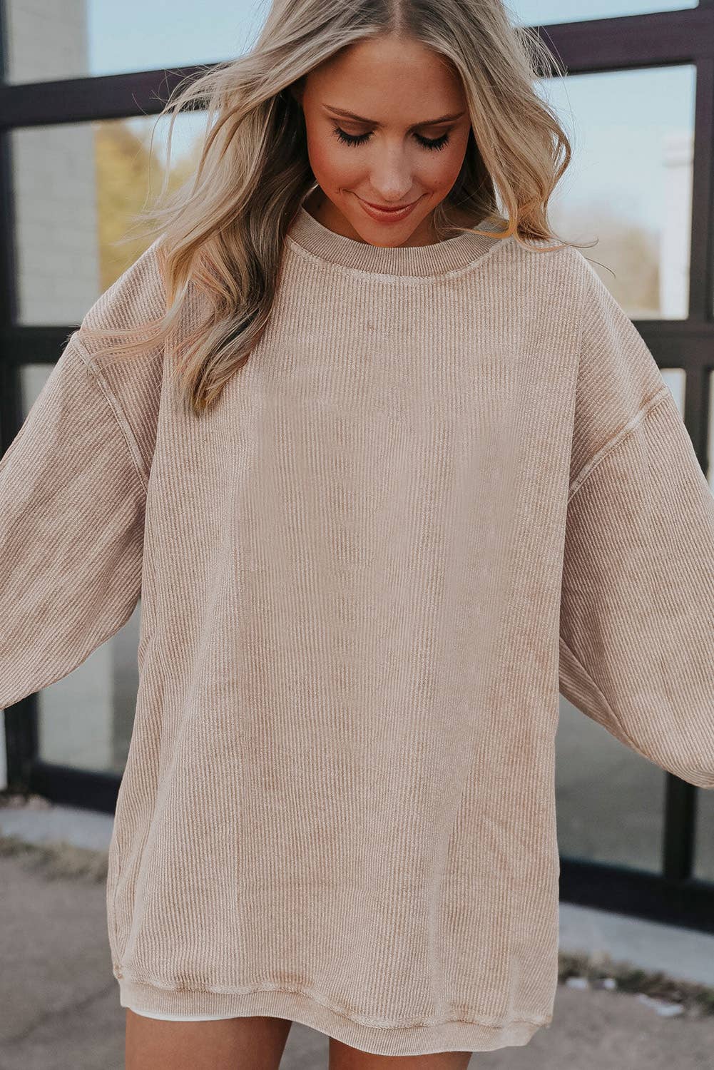 Customizable Long Sleeve Ribbed Corded Oversized Sweatshirt Lovesoft Pikolelie