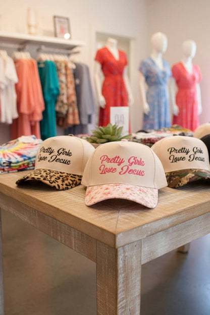 ,,,..1219 Pretty Girls Love Jesus Two Tone Cotton Hat SI-29249: LEOPARD-193294 / OS 42POPS Pikolelie